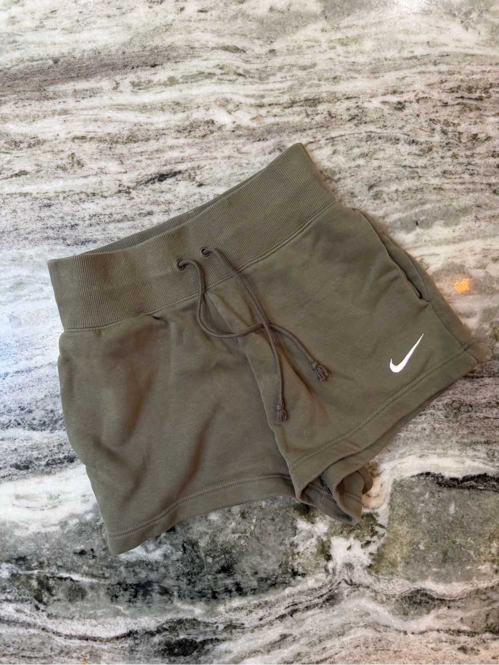 Nike Women's Olive Drawstring Athletic Shorts with White Swoosh